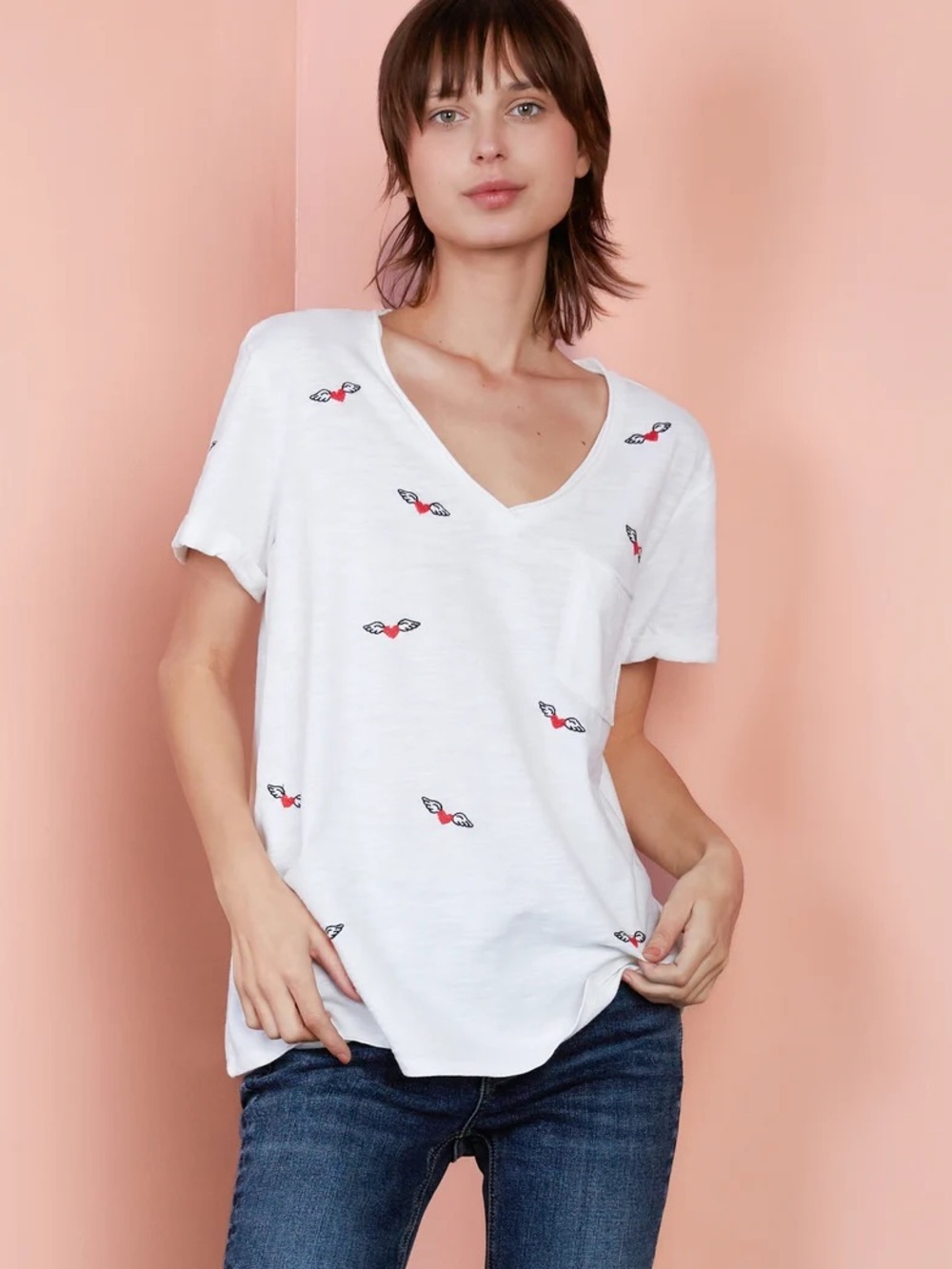 NWT Billy T Love Wings Tee V Neck Embroidered Hearts Size Medium